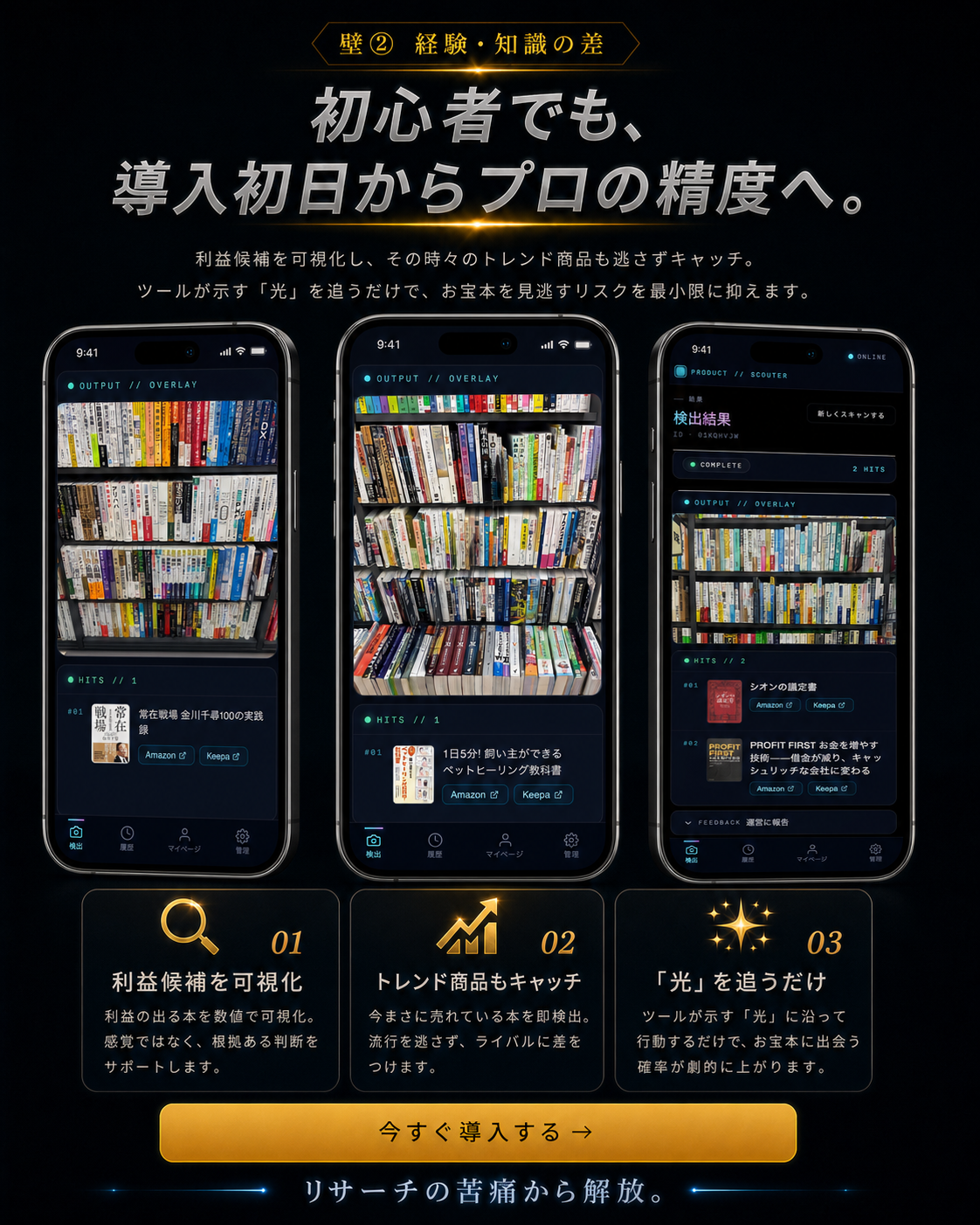 初心者でも導入初日からプロの精度へ。利益候補を可視化し、トレンド商品もキャッチします。