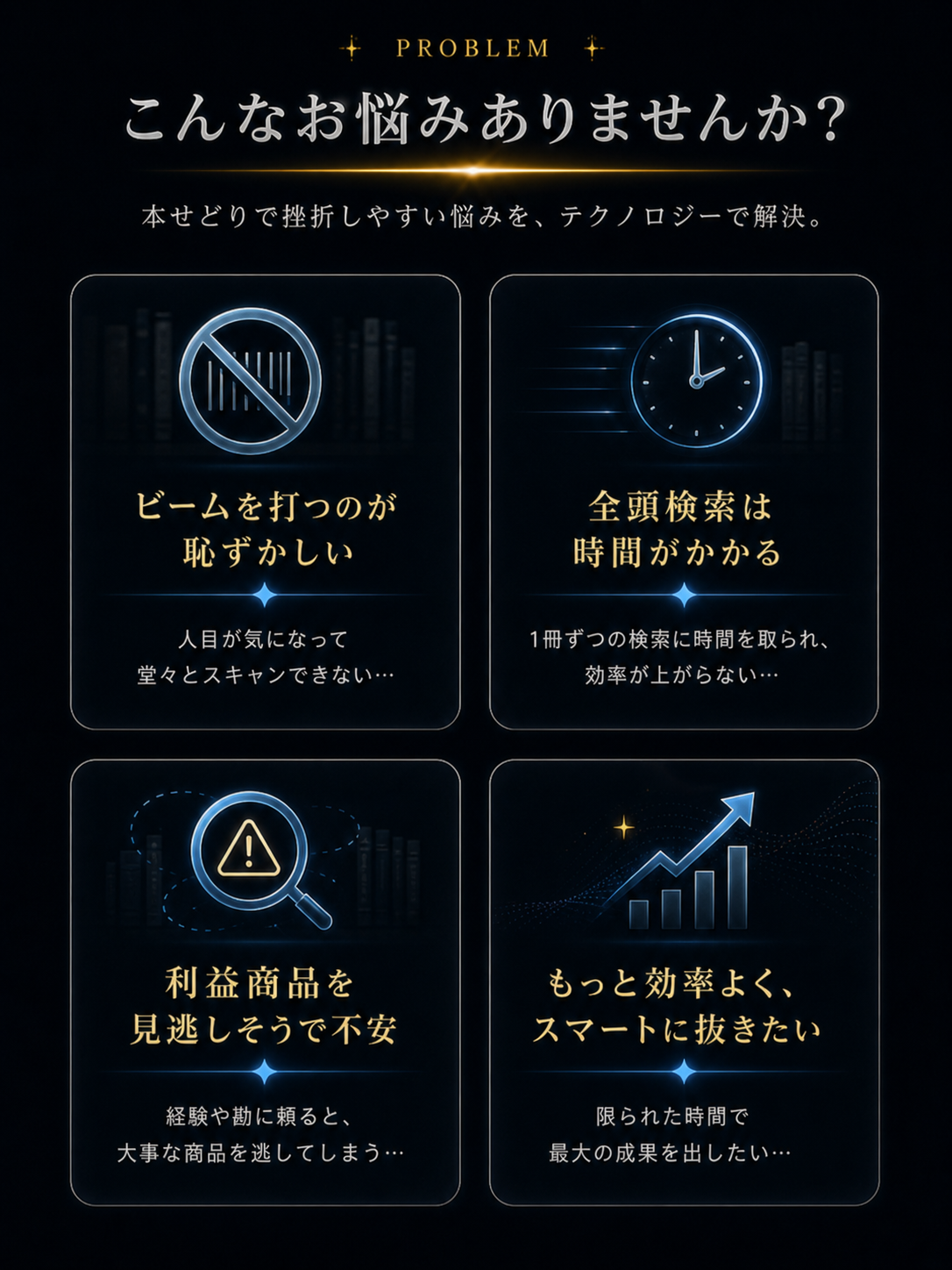 こんなお悩みありませんか。ビームを打つのが恥ずかしい、全頭検索は時間がかかる、利益商品を見逃しそうで不安、もっと効率よくスマートに抜きたい。